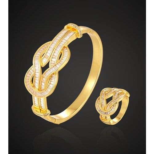 Theresa brand luxury irregular zircon micro pave setting bangle with ring jewelry set bowknot bracelet of gift fashion jewelry