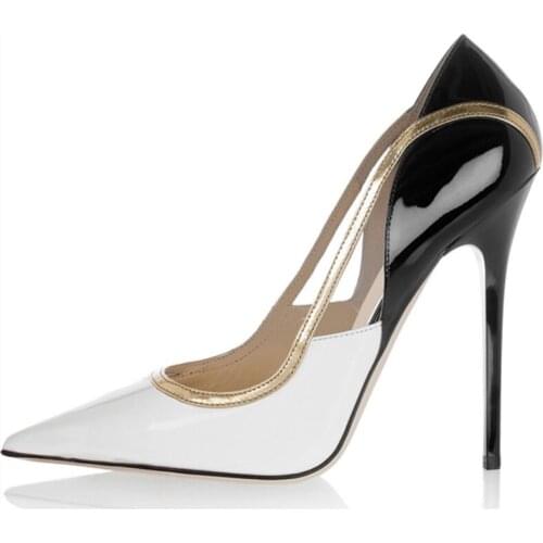 New fashion super high heel stilettos sexy pointed toe horse patent leather patchwork high heels pumps cut out women shoes