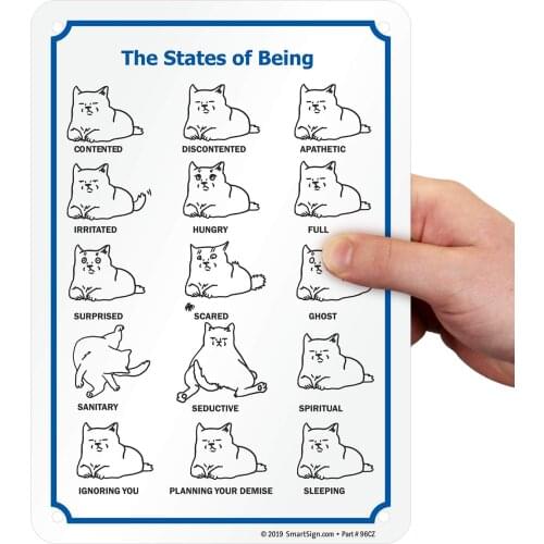 The States of Being Contented, Hungry, Full, Surprised, Scared, Sleeping Cat Mood Sign | 7" x8" Plastic