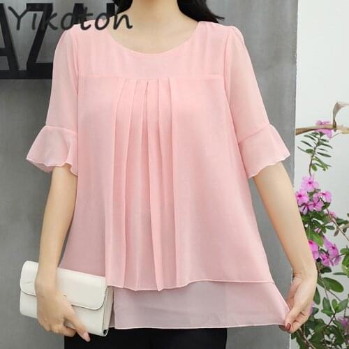 2021 Summer Blouse Shirt Fake Two Pieces Short Sleeve Ladies Loose Chiffon Soild Shirts Casual Tops Plus Size 5XL Blusas Chemise