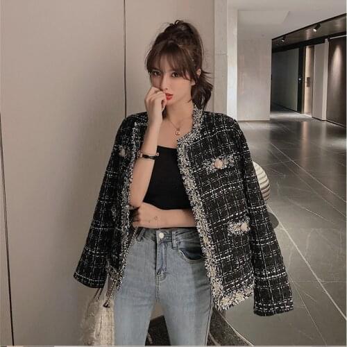 Women Winter Retro Little Fragrant Wind Jacket Temperament Plaid Tweed Jacket 2021 Fashion French Korean Jacket Temperament Top