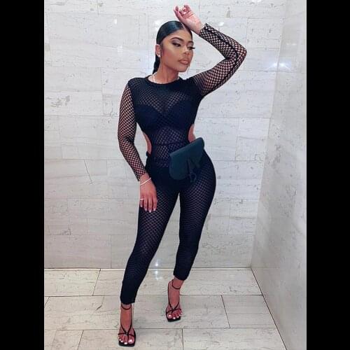 Mesh Printed Fitness Women Long Jumpsuits Autumn Fashion Long Sleeve Vintage Spliced One Piece Bodycon Sports Wear Hollow Out