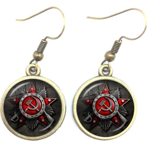 CCCP USSR Soviet Army Red Star Drop Earrings 16mm Glass Cabochon Art Round Russian Badges LOGO Ear Jewelry For Women Girls Gift