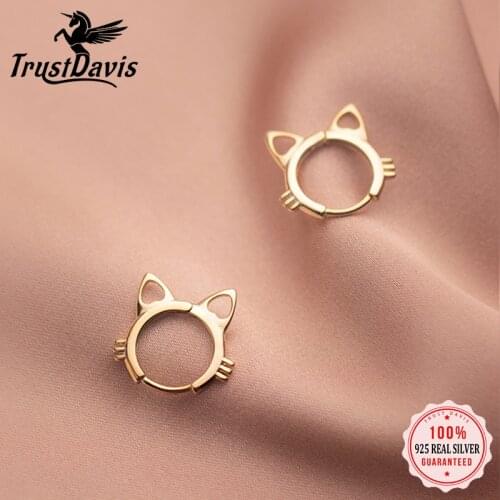 TrustDavis Real 925 Sterling Silver Fashion Sweet INS Cute Cat Charm Hoop Earring For Women Wedding Birthday Fine Jewelry DA2288
