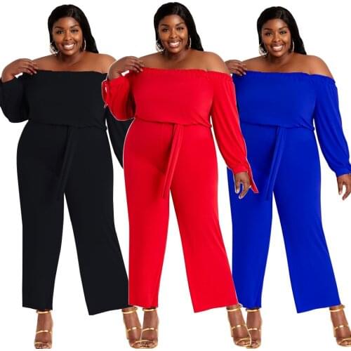 Sexy Elegant Women Plus Size XL~5XL Jumpsuit Long Sleeve Off Shoulder Slash Neck Wide Leg Rompers Sashes Fall Red Playsuit
