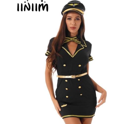 Women Policewoman Role Play Outfit Halloween Cosplay Costume Notched Collar Double-breasted Short Sleeve Dress With Hat and Belt