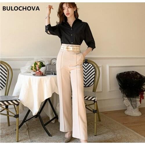 BULOCHOVA High Quality Womens Office Pants Suits with Belt 2020 Spring Black Shirt + Wide-leg Trousers 2 Pieces Sets for Womens