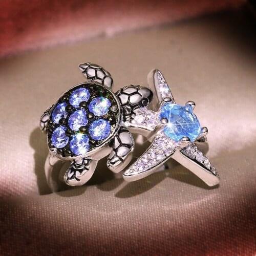 New creative inlaid sapphire full blue zircon turtle starfish ring for women wedding party engagement jewelry gift