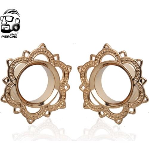 Hot Sale Stainless Steel Piercing Orelha Pentgram Golden Flower Ear Plug Piercing Expansions Ear Body Piercing Tunnels 1 Pair