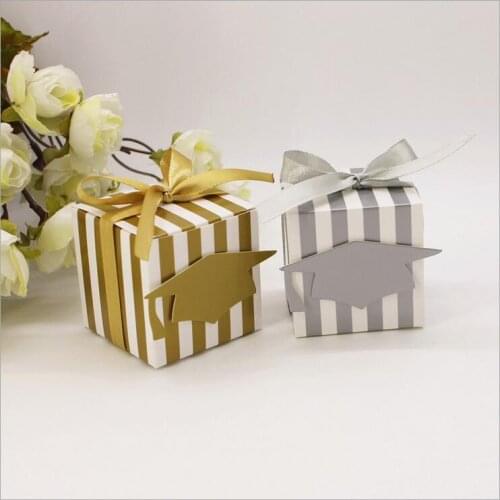100pcs Graduation ceremony congrats box graduation Souvenir gift box Packaging gold & silver stripes Graduation Cap candy box
