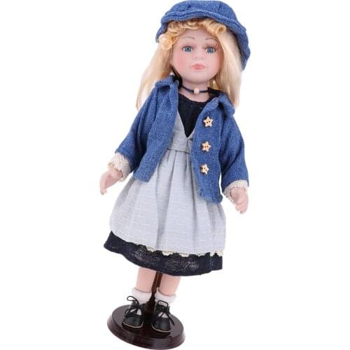 40cm Porcelain Victorian Doll In Blue Dress Suit, Standing Baby Girl