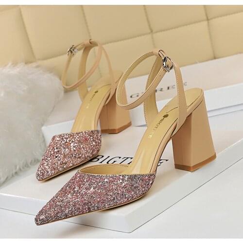 BiIGTREE High Heel Sequined Bling Shinning Glitter Luxury Woman Spring Summer Ankle Strap Pointed Toe Pumps Wedding Party Shoes