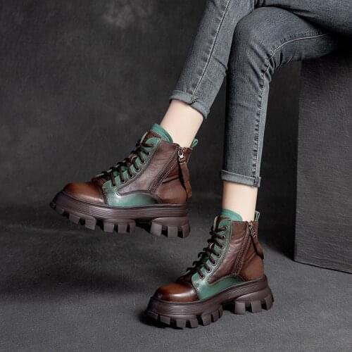 Genuine Leather Retro Casual Martin Womens Boots Top Layer Cowhide Color Matching Back Zipper Single Boots Platform Knight Boot