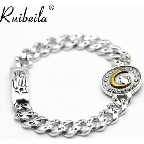 RuibeilaS925 Silver Star Moon Mignon Chat Chat Empreinte Bracelet Femme Rétro Thai Argent Bracelet Bijoux Cadeau