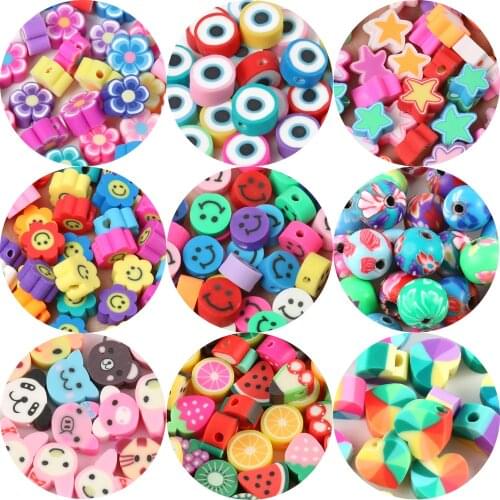 50pcs/lot Assorted Colorful Fruit Animal Heart Pattern Round Polymer Clay Spacer Beads for Jewelry Making DIY Kinds Bracelet