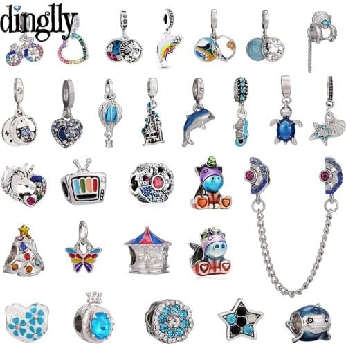 Dinglly Blue & Red Wing Unicorn Beaded Rainbow Charm For Bracelets & Necklace Diy Shiny Cyan Crystal Jewelry Accessories Beads