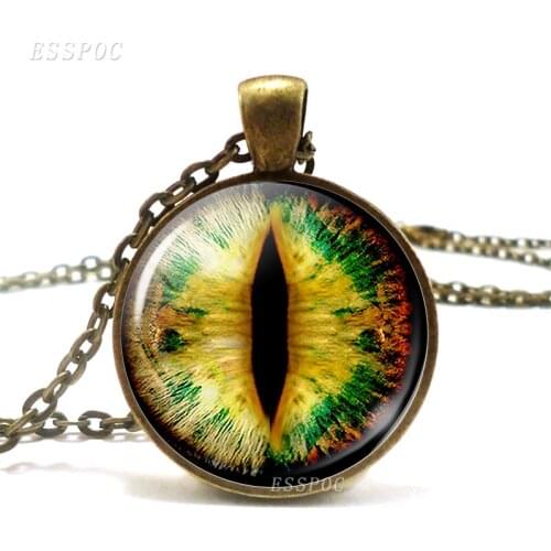 Fiery Dragon Eye Necklace Retro Chain Steampunk Green Blue Pendant Necklace Glass Cabochon Pendant Jewelry Gift for Gamer