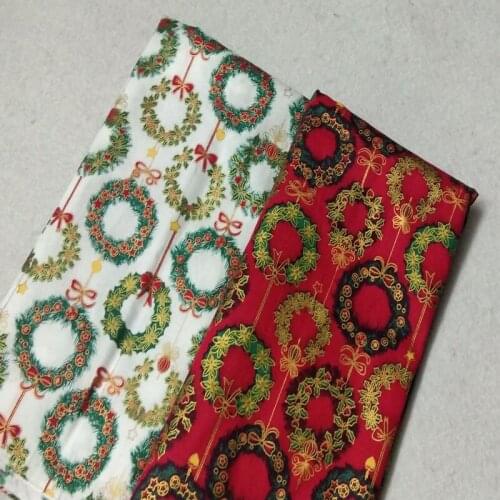 Graceful Red White Gold Stamping Green Flower Wreath Cotton Trwill Floral Fabric Dress Cloth Quilting Home Decoration 50x100cm