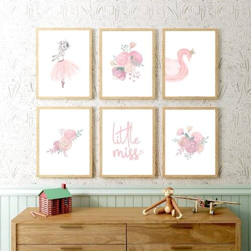 Ballerina Floral Watercolor Wall Art Pictures Canvas Painting Pink Gold Flower Art Poster Prints Baby Girl Nursery Wall Decor