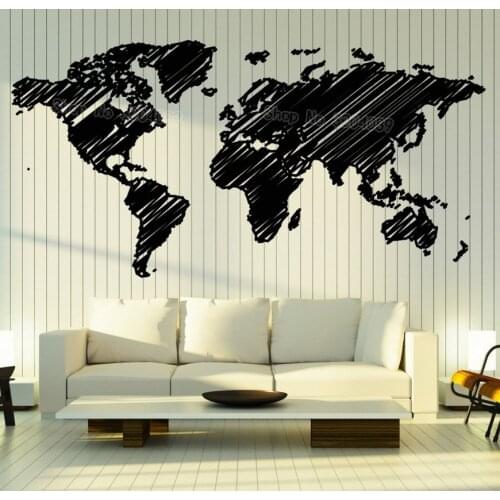 Creative Vinyl Decal World Map Wall Sticker Continents Technique of Hatching Decor Living Room Self-Adhesive Art Murals YY637