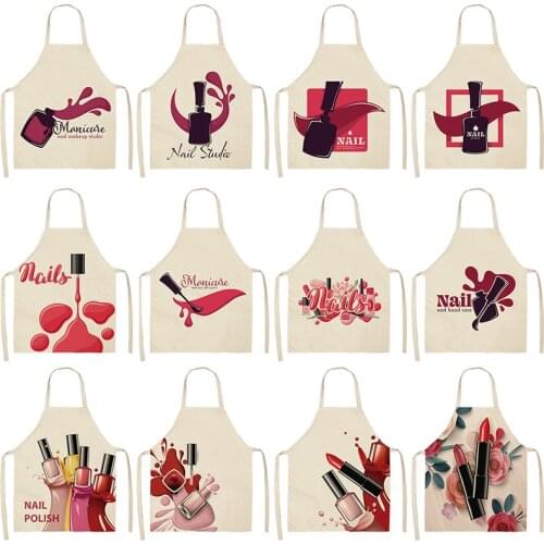 Nail Polish Lipstick Kitchen Aprons For Women Cotton Linen Bibs Household Cleaning Pinafore Home Cooking Apron 53*65cm WQL0179