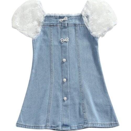 Sweet Little Girls Cute Short Puff Sleeve Denim Dress Fashion Square Collar Solid Color Lace Stitching A-line Short Dress
