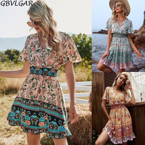 Fashion 2021 Summer Dress V Neck Floral Print Casual Short Dress New Arrival Bohemian Dress A-line Holiday Style Vestidos Cortos