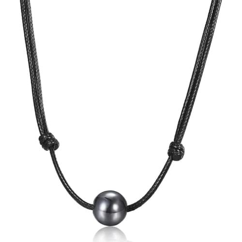 Davieslee Single Bead Leather Necklace Choker for Men Boys Hematite Metal Stone Adjustable Teen Jewelry US Stock DDN131