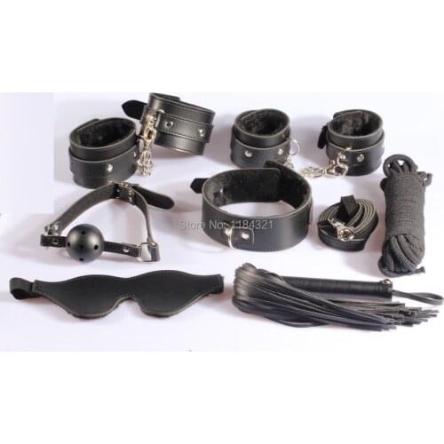 15% off beginners sex restraint set contains wrist cuffs,anklecuffs, gag ,collar ,leather whip, cotton rope,adult sex products