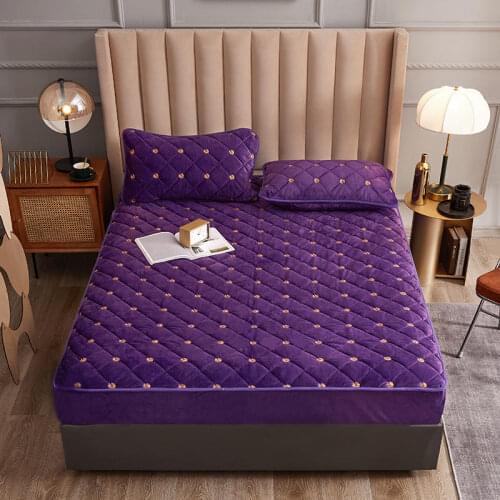 Coral FleeceThicken Quilted Mattress Cover Short Plush Quilted Bed Fitted Sheet Queen Double Bed Cover Not Including Pillowcase