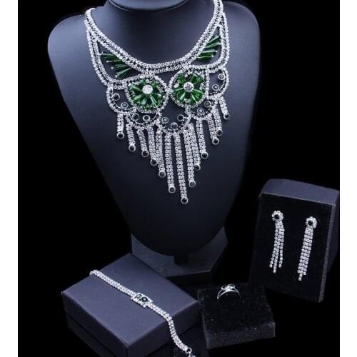 New Trendy Luxury Bridal Jewelry Sets Sparkling Gift Green Crystal Necklace Earrings Bracelet Ring Set For Women Wedding Jewelry