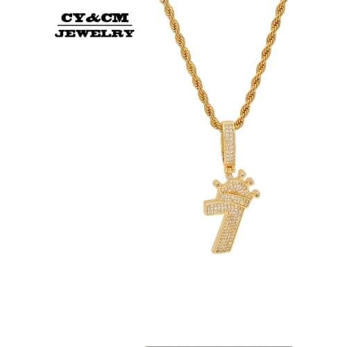 Bling Bling Men Women Number 7 Crown Pendant Necklace Iced Out Micro Paved Cubic Zirconia Charm Gold Silver Color Hiphop Jewelry