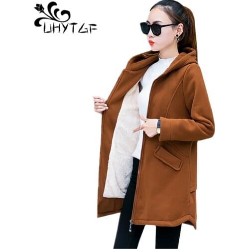 UHYTGF Casual Sweatshirt womens Fashion hooded autumn winter tops coat Plus velvet windproof warm outerwear plus size jacket 769