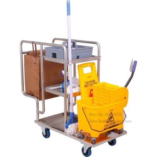 3 Shelf Stainless Steel Janitor Cart With Cloth Bag Housekeeping Cart Hotel Mute Wheel Commercial Hotel Cleaning Cart