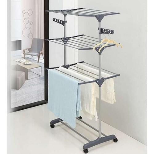 Three-layer Double-pole Folding Drying Rack Storage Foldable Clothes Rack Strong Bearing Capacity Home Laundry Organizing Shelf