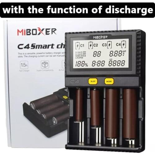 Miboxer C4 LCD Smart Battery Charger for Li-ion IMR ICR LiFePO4 18650 14500 26650 21700 AAA Batteries 100-800mAh 1.5A discharge
