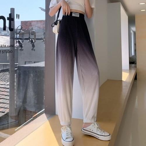 Female Vintage Loose Fashion Gradient Trousers Summer 2021 New Casual Thin Womens Elastic High Waist Mopping Pleated Harem Pants