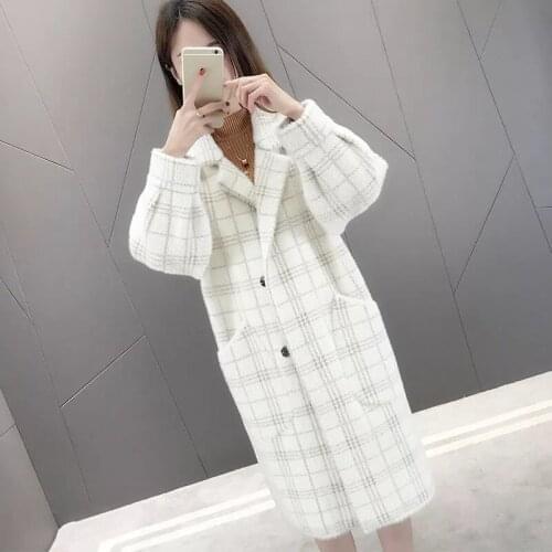Faux Mink Fur Long Loose Winter Wool Coat Women Korean Loose Knitted Cardigan Thick Warm Plaid Female Overcoat Casaco Feminino