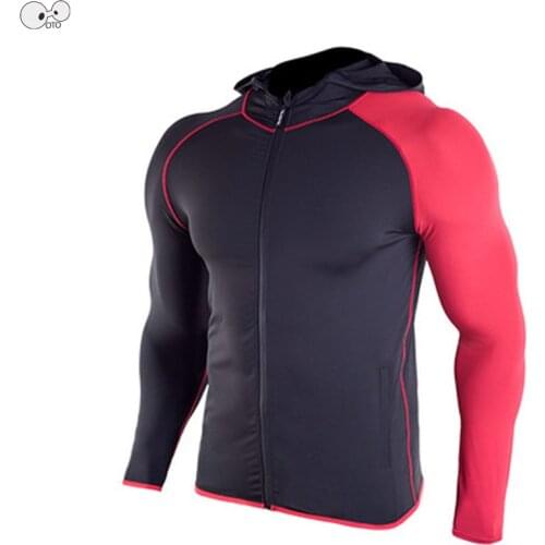 2018 Elastic Quick Drying Bodybuilding Fitness Hooded Sweatshirt Raglan Long Sleeve Mens Running Hoodies Singlets Gym Zipper Top