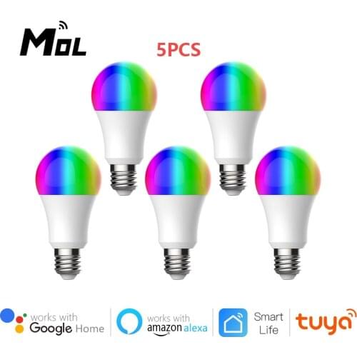 5PCS E27 Wifi Smart LED Light Bulb 9W Dimmable RGB Lamp Tuya App Smart Remote Control Compatible with Google Alexa Voice Control
