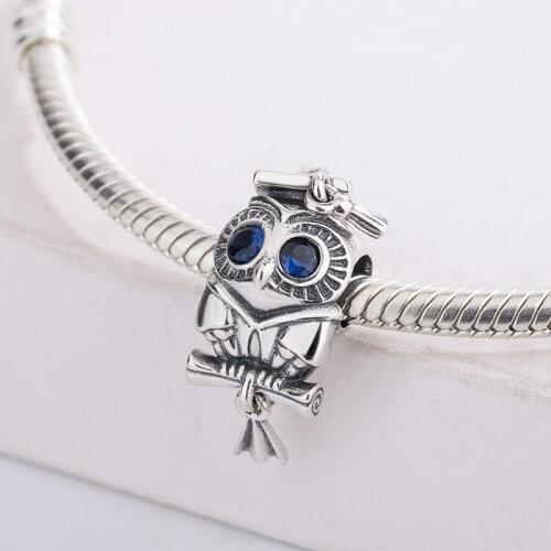 925 Sterling Silver Blue Enamel Animal Owl Graduation Pendant Charm Bracelet DIY Jewelry Making For Original Pandora