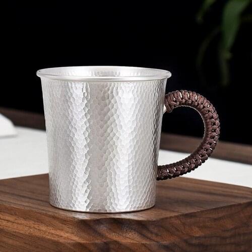 Ag999 Sterling Silver Handmade Hammer Pattern Mug For Tea Large Beer Coffee Cup With Handgrip