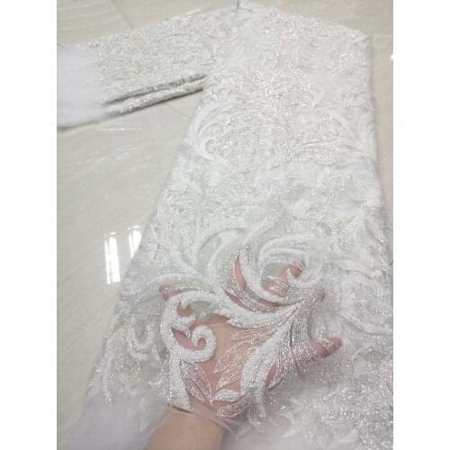 Off White African Beaded Lace Fabric For Wedding 2021 High Quality Lace French Lace Fabric Fashion Nigerian Lace Fabrics Sewing