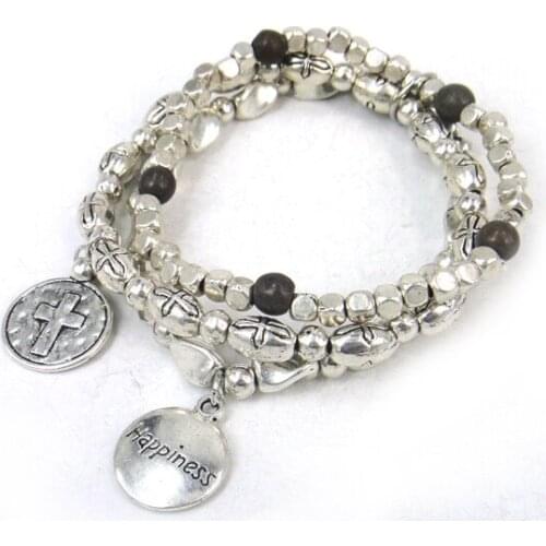 Free drop shipping women brown semi precious stone with square beads bracelet,alloy cross & tortuosity beads elasticity bracelet