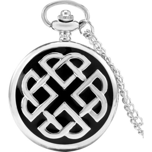 Black Silver Irish Knot Rope Stripe Design Quartz Pocket Watch Vintage Sweater Chain Pendant Antique Pocket Clock for Men Women