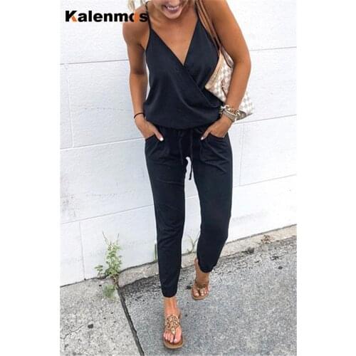 Jumpsuit Summer Women Sexy V-neck Sleeveless Solid Lace Up Africa Casual Overalls Long Romper Work Ropa Mujer Feminino Tracksuit