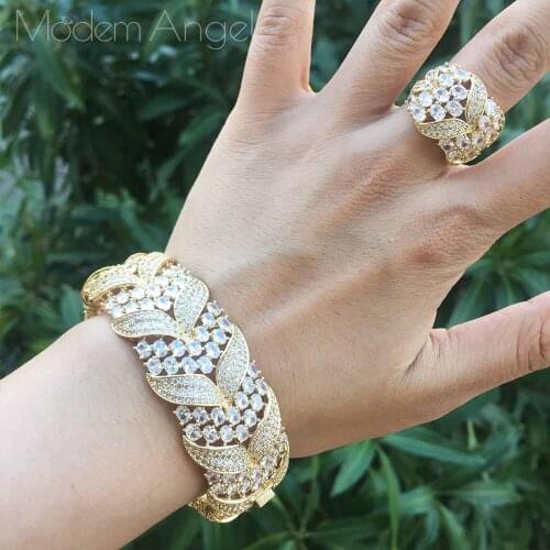 ModemAngel Brand Luxury Flower Design Cubic Zirconia Crystal Zircon Bracelets Bangle Ring Set for Women Jewelry Gifts
