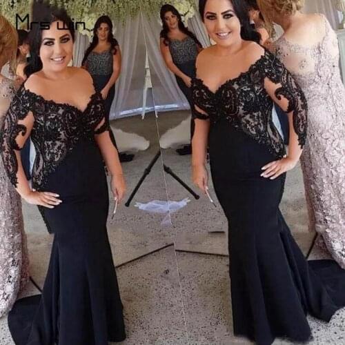 Mrs win Evening Dress Black Sweetheart Long Evening Dresses Mermaid Elegant Three Quarter Sleeve Lace robe de soiree HR399