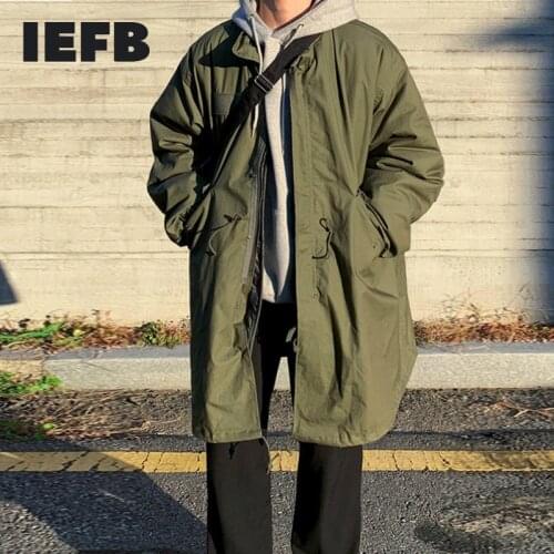 IEFB Mens Winter Zipper Thickened Cotton Coat Black Green Medium Length Windbreaker Korean Ins Loose Removeable Linner Parkas
