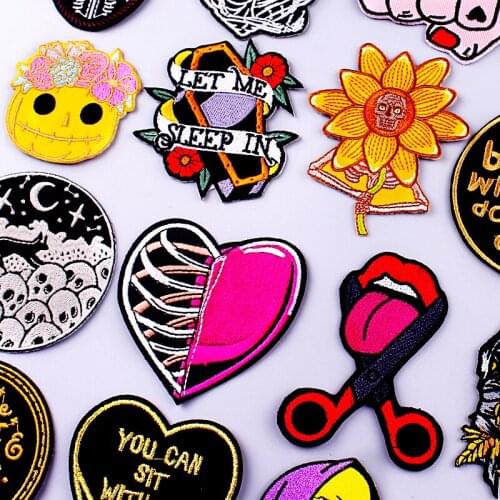 Nicediy Flower Skull Patch Heart/Skull Stripes Embroidered Patches For Clothing Patches Iron On Patch On Clothes Applique Shirt